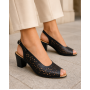 Sandale damă negre din piele naturală perforată cu vârf decupat și toc gros CP431N